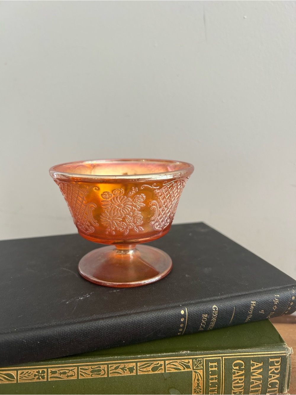 NORMANDIE Bouquet and Lattice carnival Glass Marigold Iridescent  Sherbert Cup
